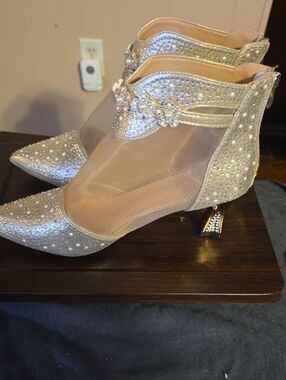 Fashion Nova Nude Gold Jeweled Mesh Pointed Booties
